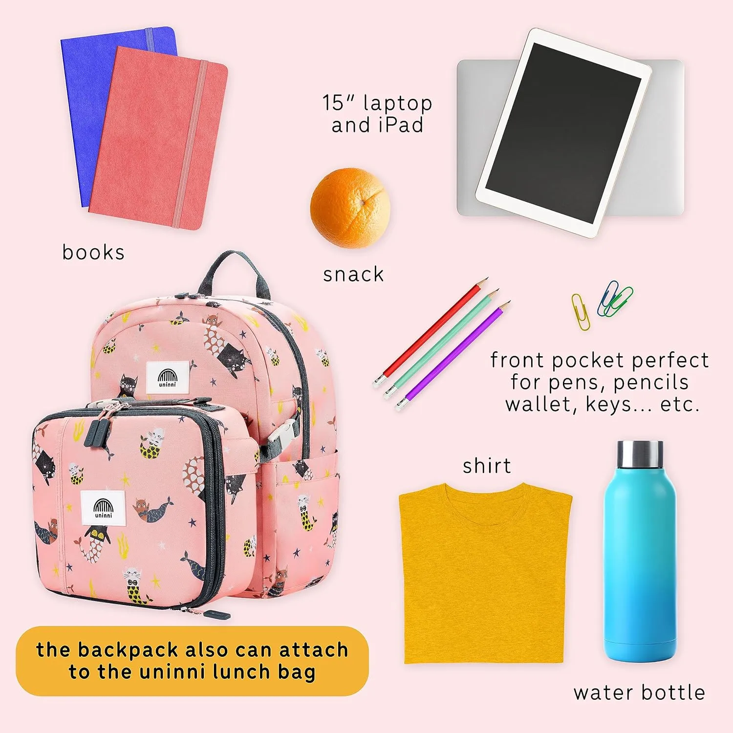 14" Kids Backpack for Girls and Boys Age 5-8 Years Old with Padded, and Adjustable Shoulder Straps - Cat Mermaid (Pink)