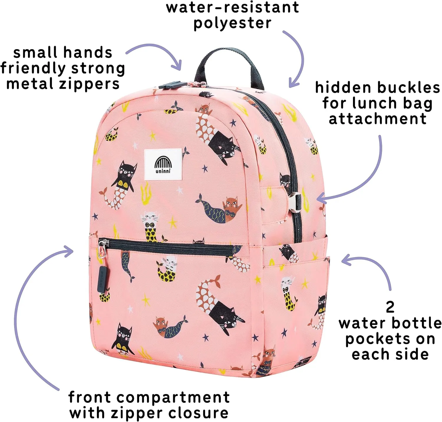 14" Kids Backpack for Girls and Boys Age 5-8 Years Old with Padded, and Adjustable Shoulder Straps - Cat Mermaid (Pink)