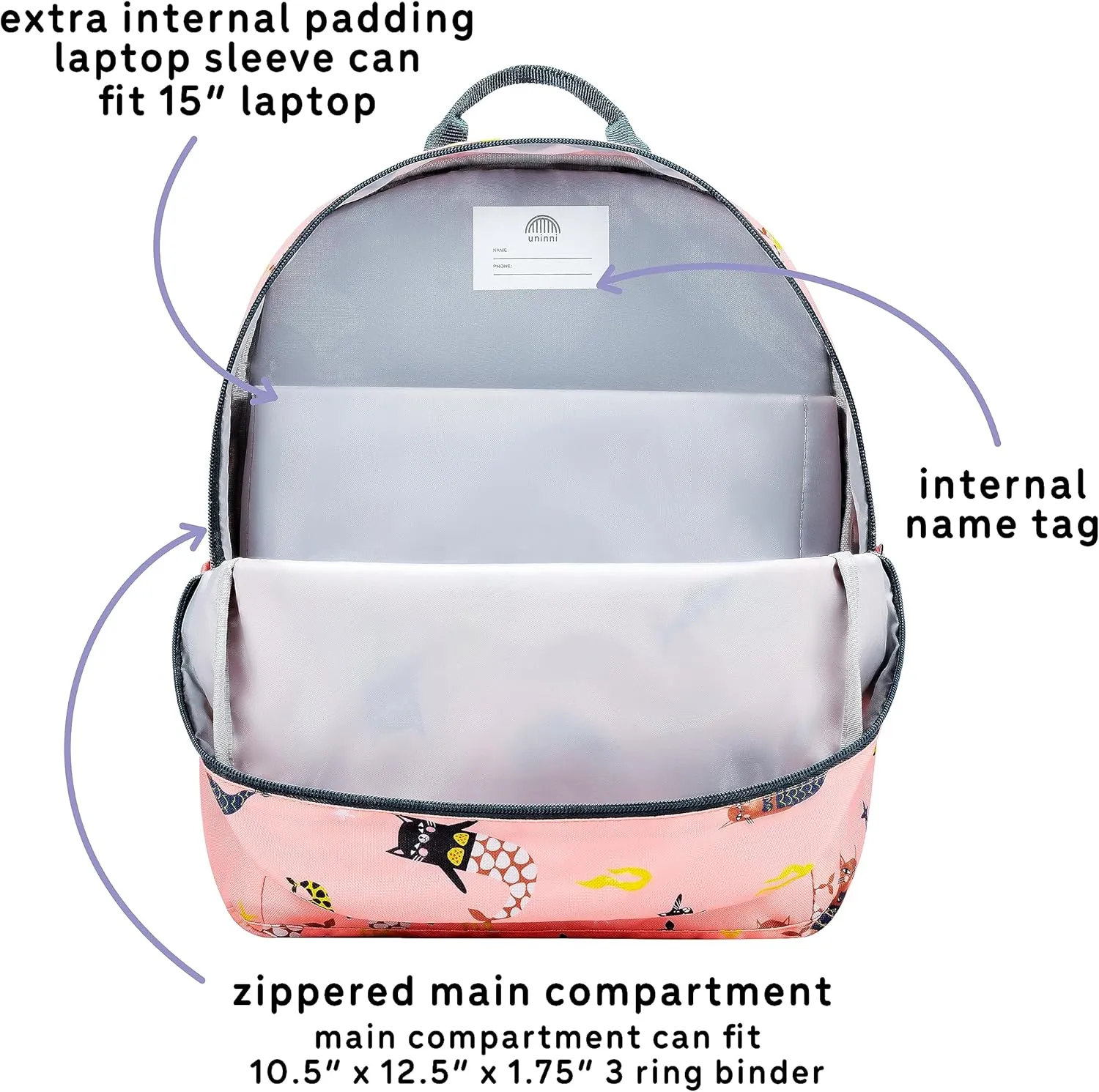 14" Kids Backpack for Girls and Boys Age 5-8 Years Old with Padded, and Adjustable Shoulder Straps - Cat Mermaid (Pink)