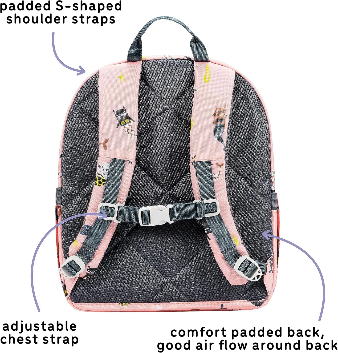 14" Kids Backpack for Girls and Boys Age 5-8 Years Old with Padded, and Adjustable Shoulder Straps - Cat Mermaid (Pink)