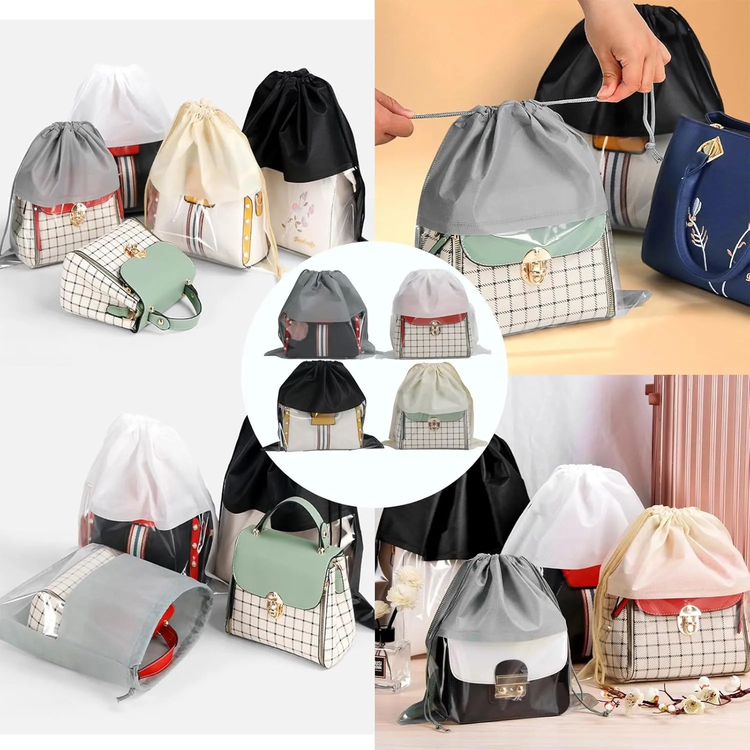 15 Packs Dust Bags for Gray Handbags, Clear Gray Handbag and Purse Storage Organizer, 14"x14" / 35x35 cm Non-Woven Drawstring Cover with Window