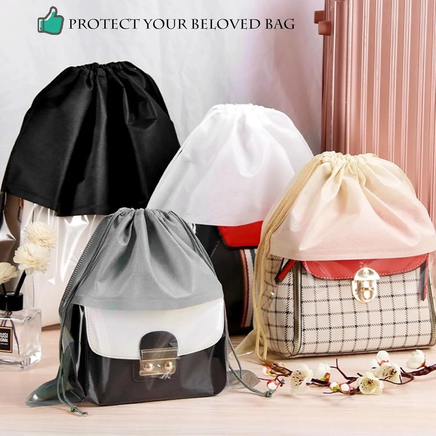 15 Packs Dust Bags for Gray Handbags, Clear Gray Handbag and Purse Storage Organizer, 14"x14" / 35x35 cm Non-Woven Drawstring Cover with Window