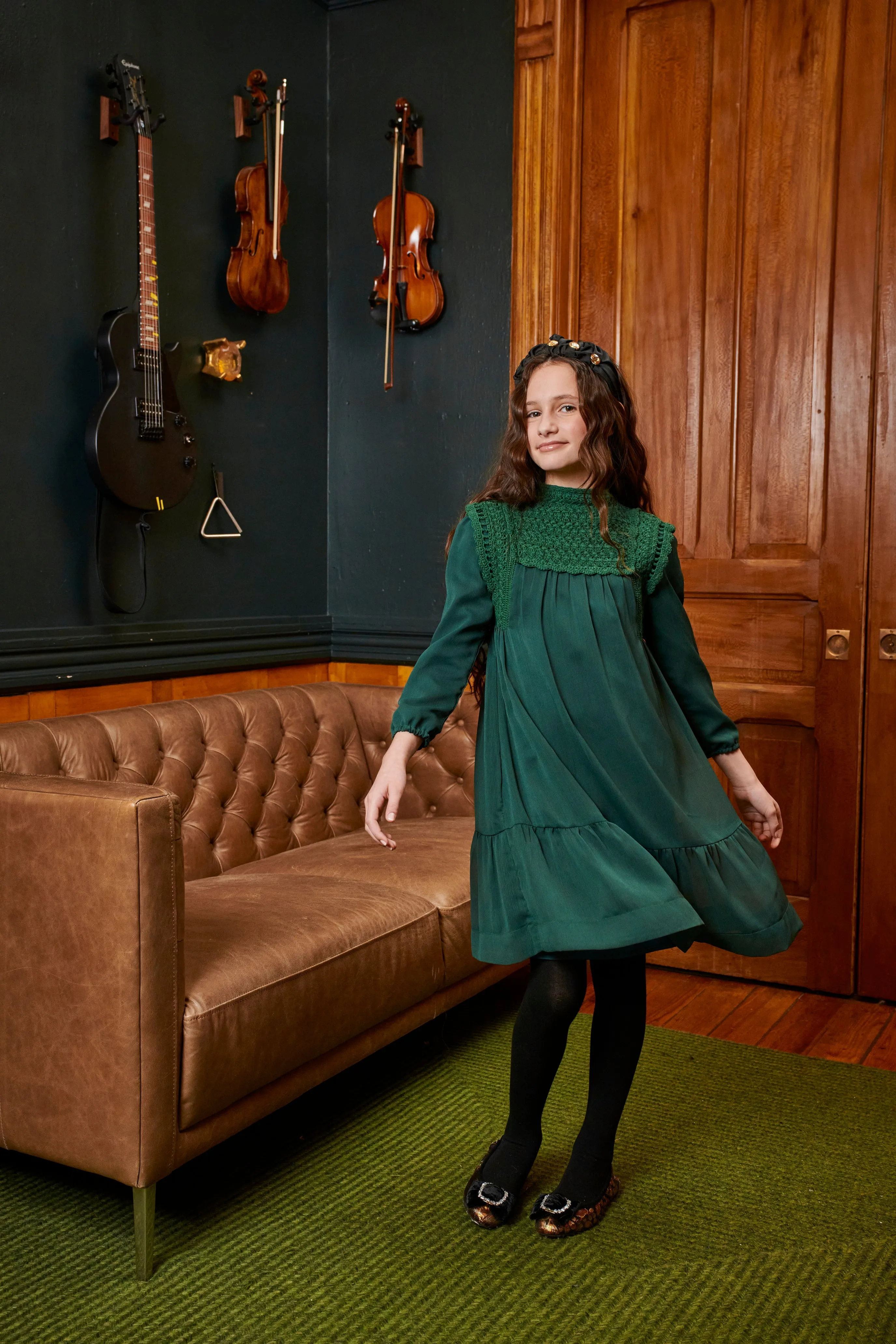 1901-CROCHET NECK DRESS-FOREST GREEN