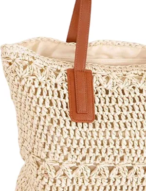 2X Women Fashion Handwoven Rattan Handbag Straw Travel Casual Bucket Bag Beach, Beige