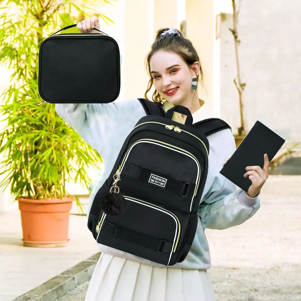3Pcs Backpack for Girls Boys, 17 Inches Women Men School Bookbag Set for Teens College, Laptop Backpacks with Lunch Box