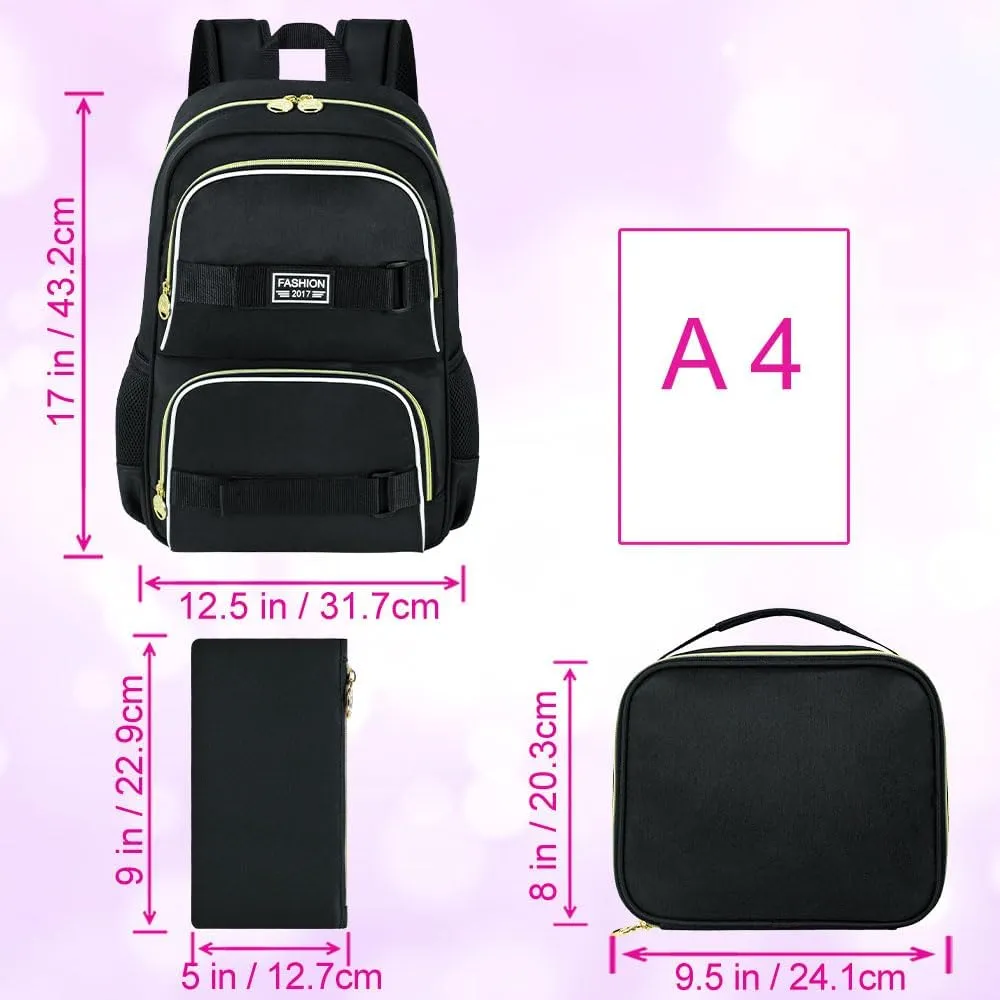 3Pcs Backpack for Girls Boys, 17 Inches Women Men School Bookbag Set for Teens College, Laptop Backpacks with Lunch Box