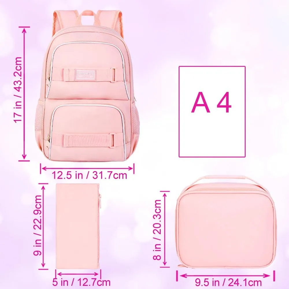 3Pcs Backpack for Girls Boys, 17 Inches Women Men School Bookbag Set for Teens College, Laptop Backpacks with Lunch Box