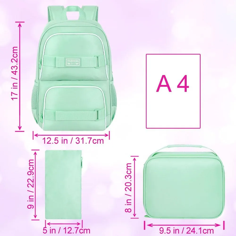 3Pcs Backpack for Girls Boys, 17 Inches Women Men School Bookbag Set for Teens College, Laptop Backpacks with Lunch Box