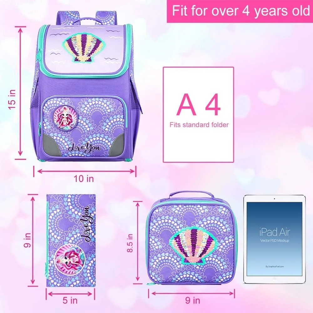 3PCS Mermaid Backpack for Girls, 15" Kids Bookbag with Lunch Box, Sequins Schoolbag for Elementary Preschool Kindergarten(Purple)