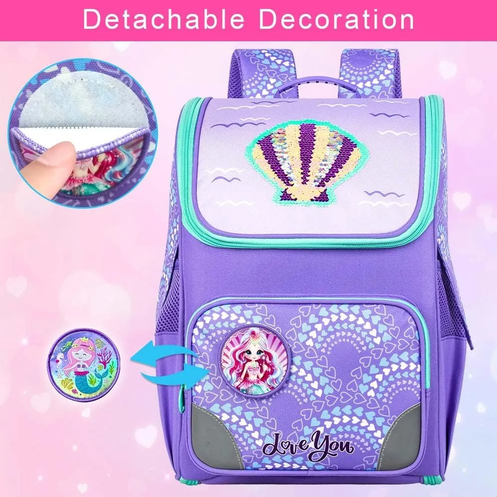 3PCS Mermaid Backpack for Girls, 15" Kids Bookbag with Lunch Box, Sequins Schoolbag for Elementary Preschool Kindergarten(Purple)