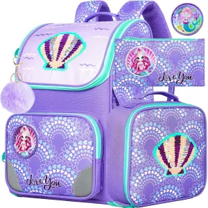 3PCS Mermaid Backpack for Girls, 15" Kids Bookbag with Lunch Box, Sequins Schoolbag for Elementary Preschool Kindergarten(Purple)