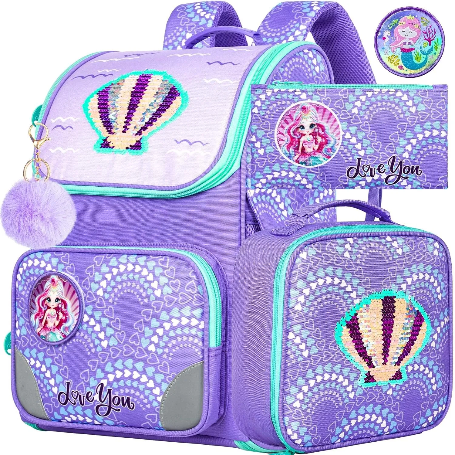 3PCS Mermaid Backpack for Girls, 15" Kids Bookbag with Lunch Box, Sequins Schoolbag for Elementary Preschool Kindergarten(Purple)