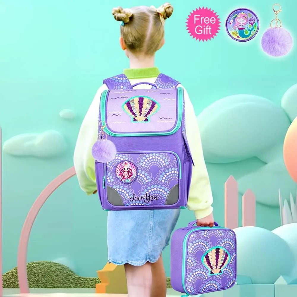 3PCS Mermaid Backpack for Girls, 15" Kids Bookbag with Lunch Box, Sequins Schoolbag for Elementary Preschool Kindergarten(Purple)