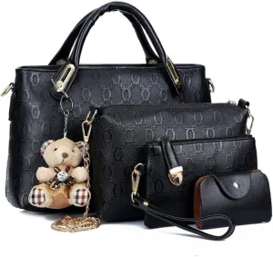 4-PC Women Handbag Shoulder Bag Clutch Card Bag Fashion Totes Satchels Purses with Bear Pendant