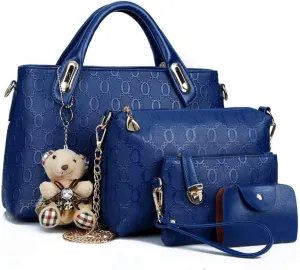 4-PC Women Handbag Shoulder Bag Clutch Card Bag Fashion Totes Satchels Purses with Bear Pendant
