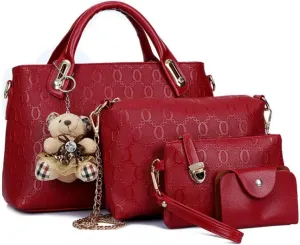 4-PC Women Handbag Shoulder Bag Clutch Card Bag Fashion Totes Satchels Purses with Bear Pendant