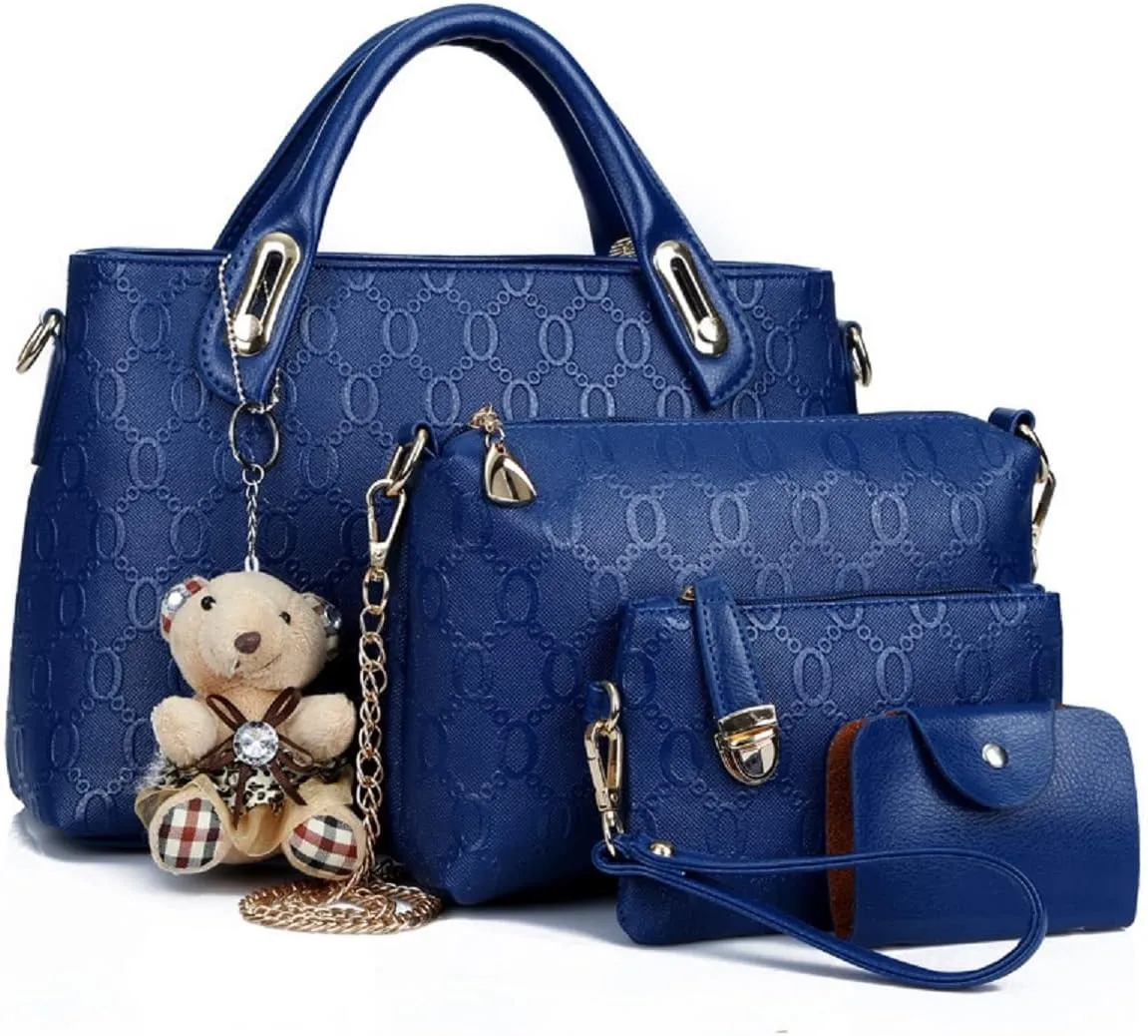 4-PC Women Handbag Shoulder Bag Clutch Card Bag Fashion Totes Satchels Purses with Bear Pendant