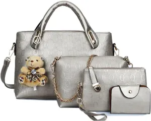 4-PC Women Handbag Shoulder Bag Clutch Card Bag Fashion Totes Satchels Purses with Bear Pendant