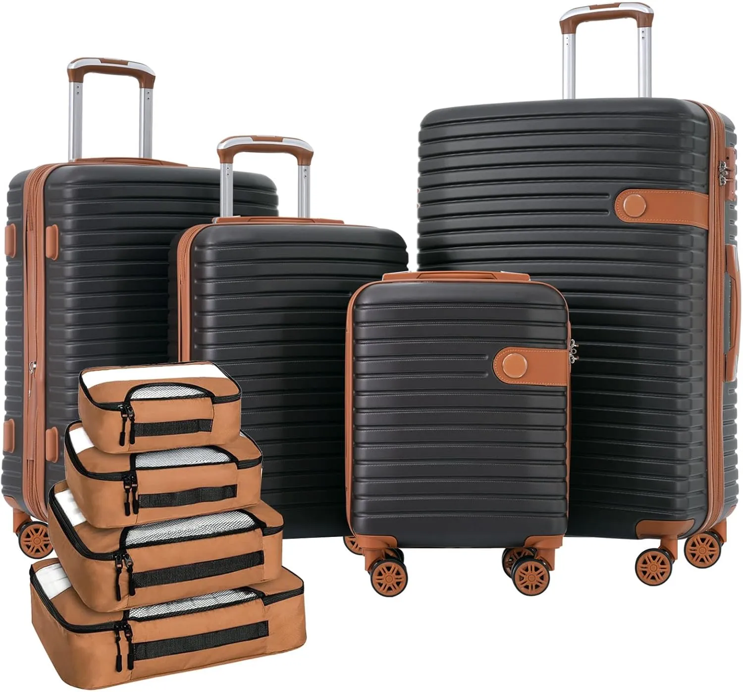 4 Piece Luggage Set ABS Hard Shell with Expandable Design, Lightweight Travel Suitcases with 4 Packing Cubes, Coffee