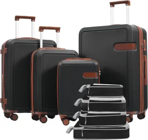 4 Piece Luggage Set with Compression Packing Cubes, Expandable Spinner Wheels, Lightweight ABS Material, Brown & Black