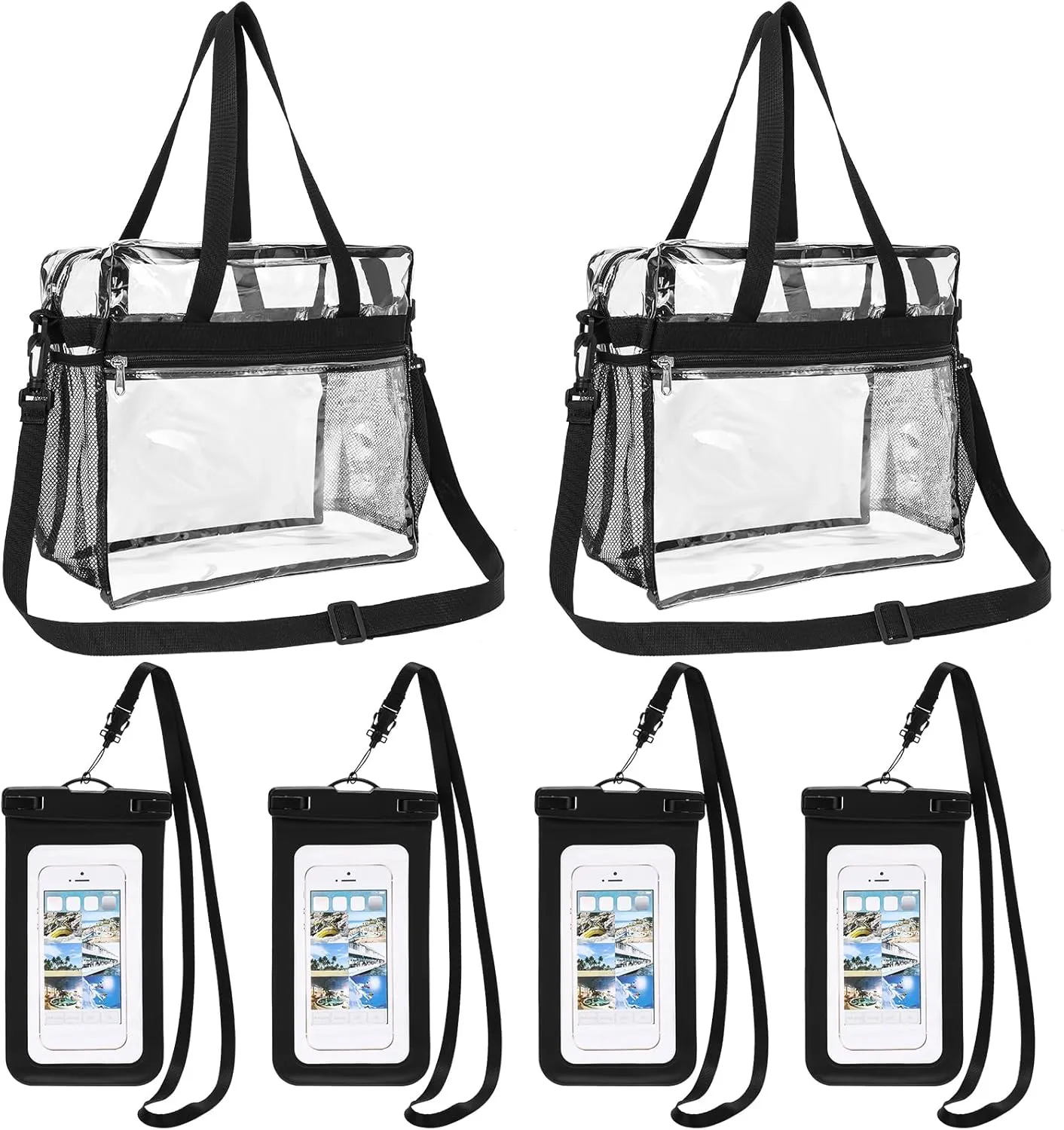 Abbylike 6 Pcs Clear Handbag 12 x 6 x 12 Clear Large Tote Bags Stadium Approved with Reinforced Strap Zipper and 7 Inch Universal Waterproof Phone Pouch for Men Sports Concert Travel Beach Outdoor