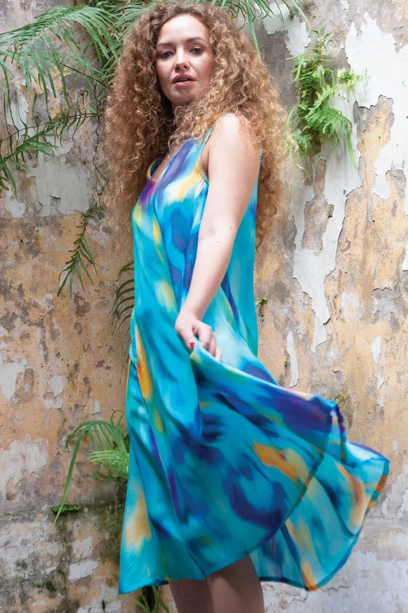 Aisha Cupro Dress: Turquoise Multi / L/XL