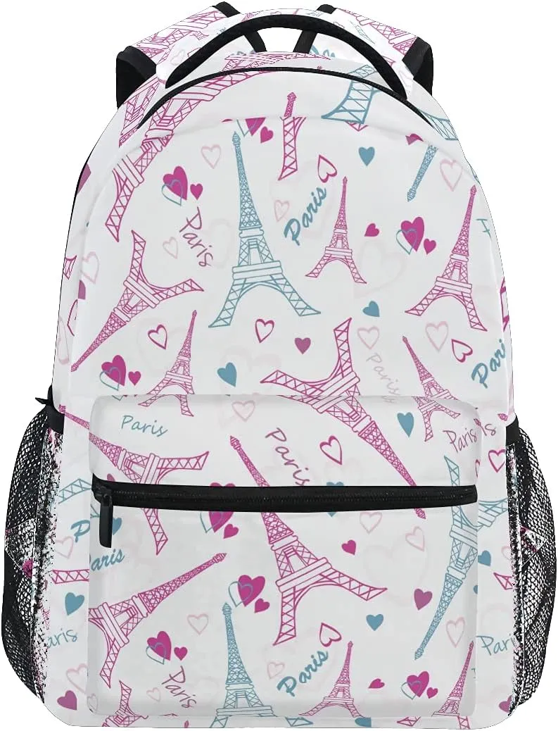ALAZA Eiffel Tower Paris Love Pink Backpack for Girls Backpacks for Elementary Teens Boys School Book Bags Kids Bookbags Shoulder Bag Travel Laptop Daypack