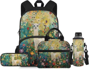 Alpaca School Backpack with Lunch Bag Flower Kids Backpacks for Boys Kids Lunch Box with Water Bottle Holder Middle School Backpacks for School Lunch Bag Pencil Bag