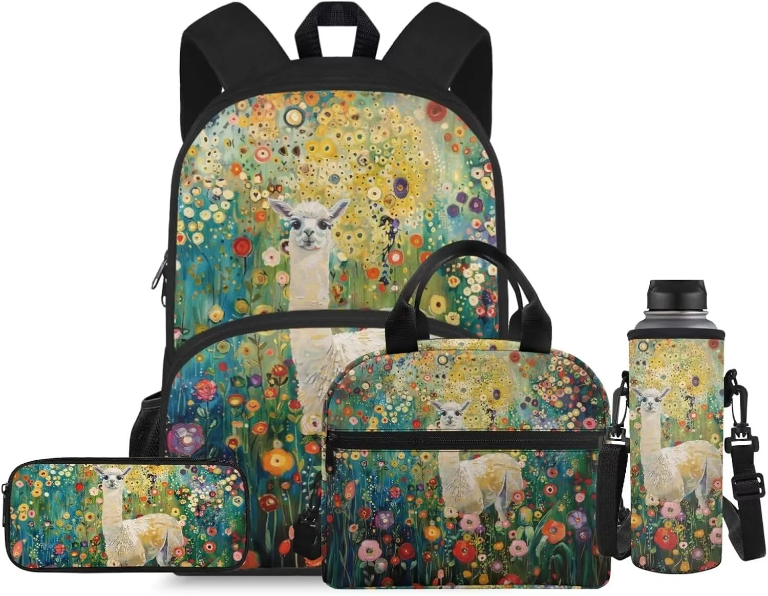 Alpaca School Backpack with Lunch Bag Flower Kids Backpacks for Boys Kids Lunch Box with Water Bottle Holder Middle School Backpacks for School Lunch Bag Pencil Bag