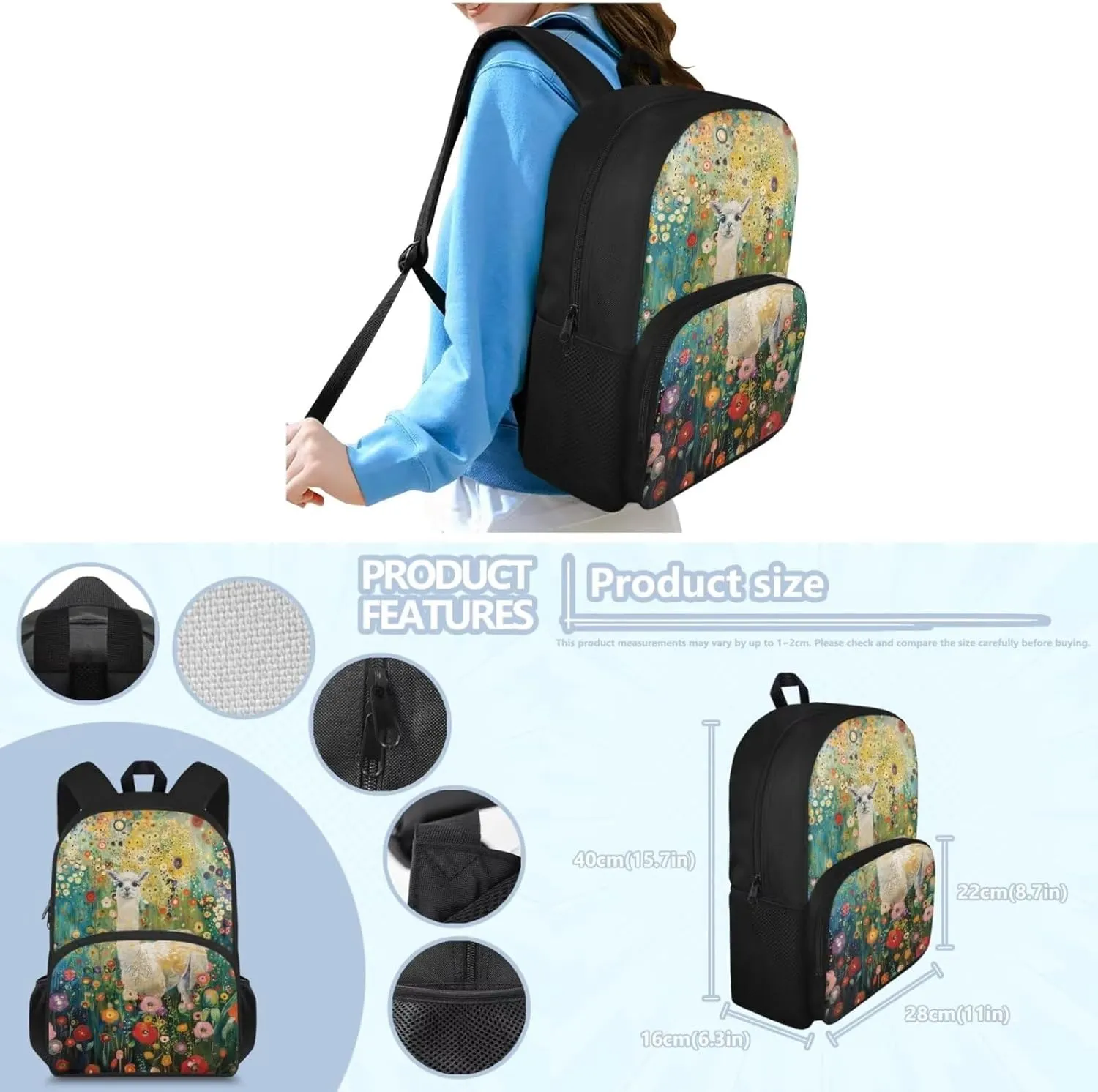 Alpaca School Backpack with Lunch Bag Flower Kids Backpacks for Boys Kids Lunch Box with Water Bottle Holder Middle School Backpacks for School Lunch Bag Pencil Bag