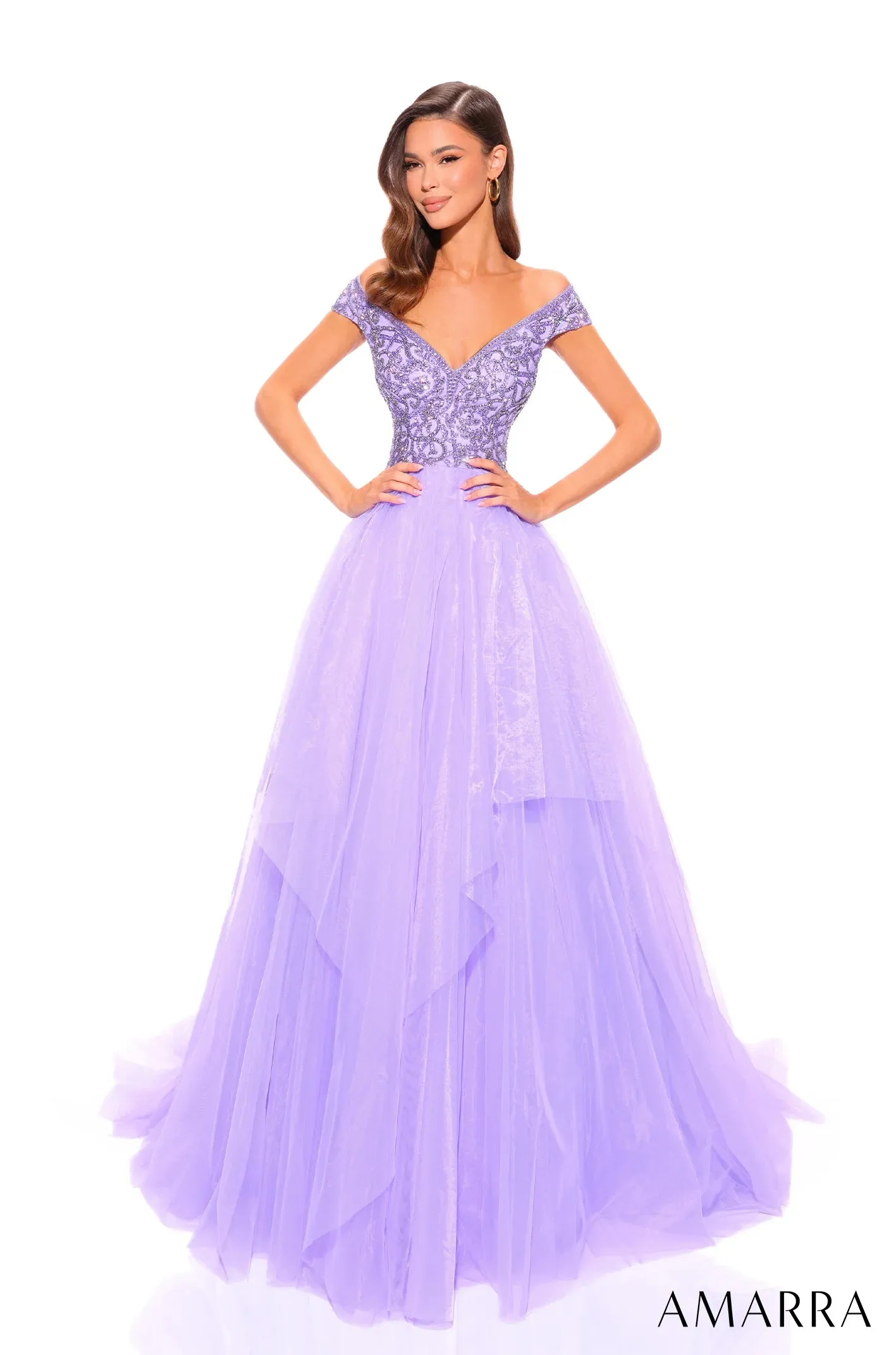 Amarra 94038 Long Prom Dress A-Line Strapless Tulle Skirt Beaded Rhinestone Crystals Formal Pageant Gown