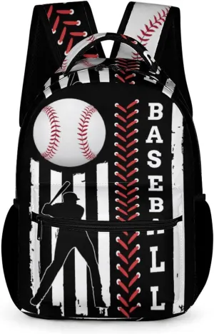 American Flag Baseball Backpack Boys Baseball School Backpack, Cool Kids Baseball Backpack for Boys, Black White Red Travel Laptop Backpack, Elementary Middle High School Bookbags, 16.5 Inch