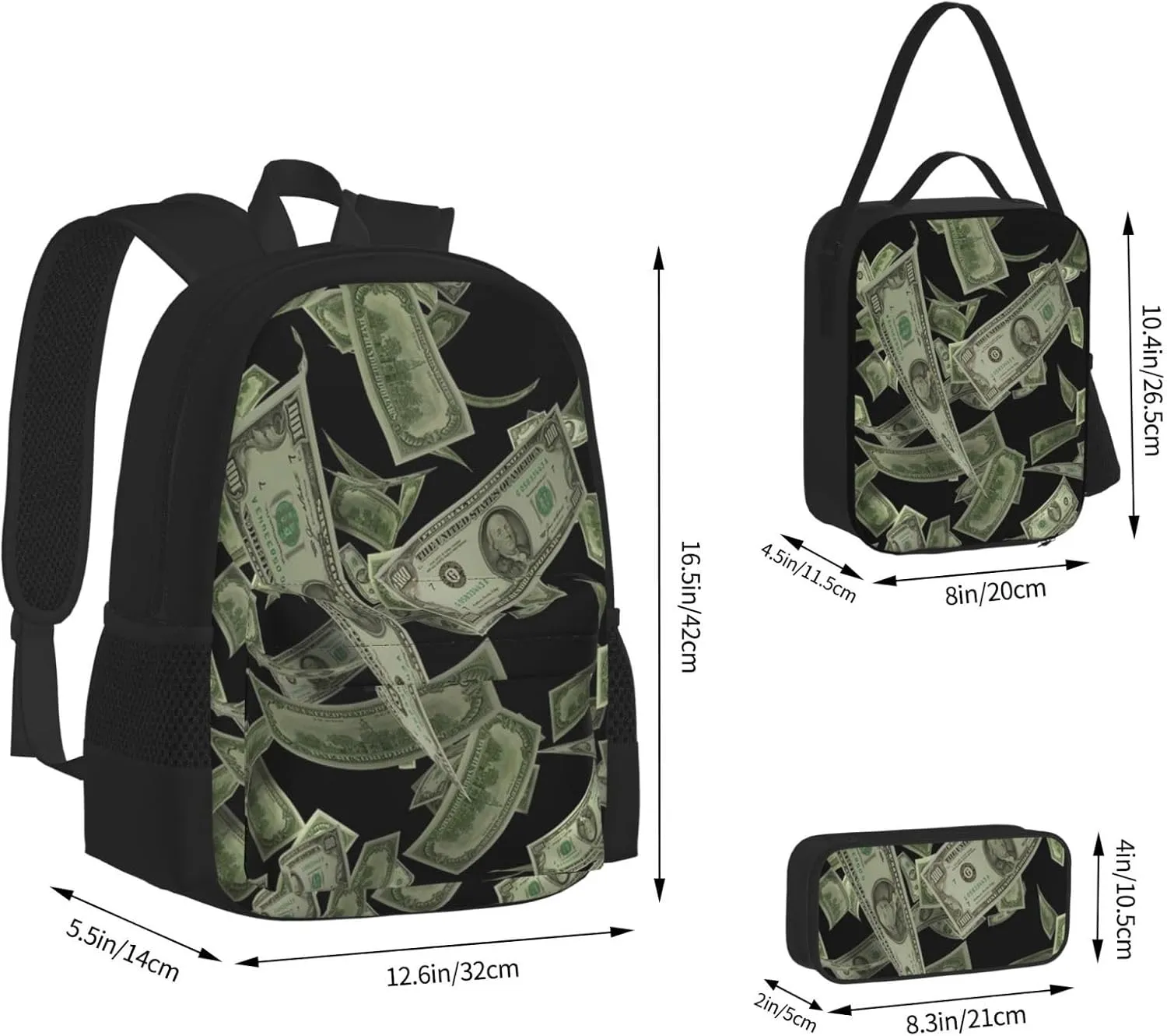 AMRANDOM Dollar Sign Money Backpack Travel Backpacks Set 3 pcs