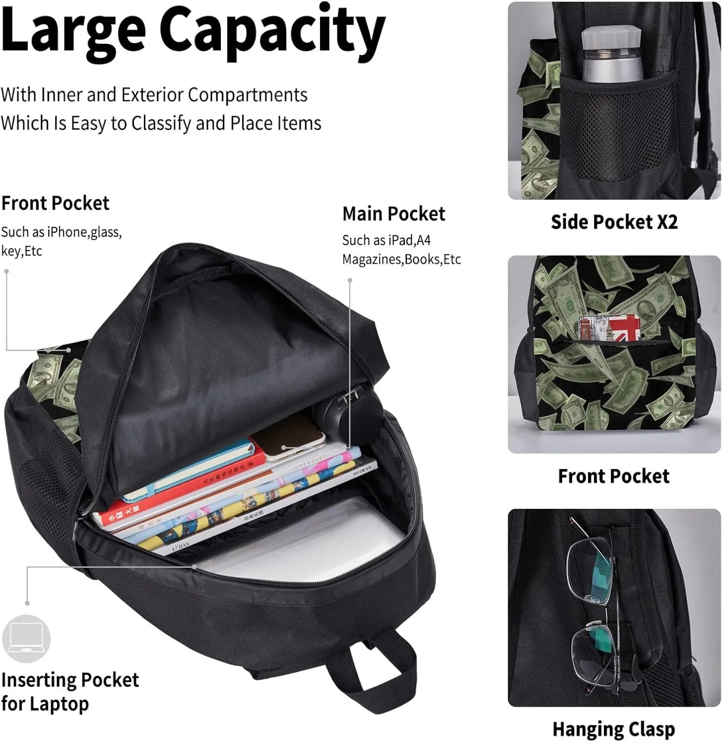 AMRANDOM Dollar Sign Money Backpack Travel Backpacks Set 3 pcs