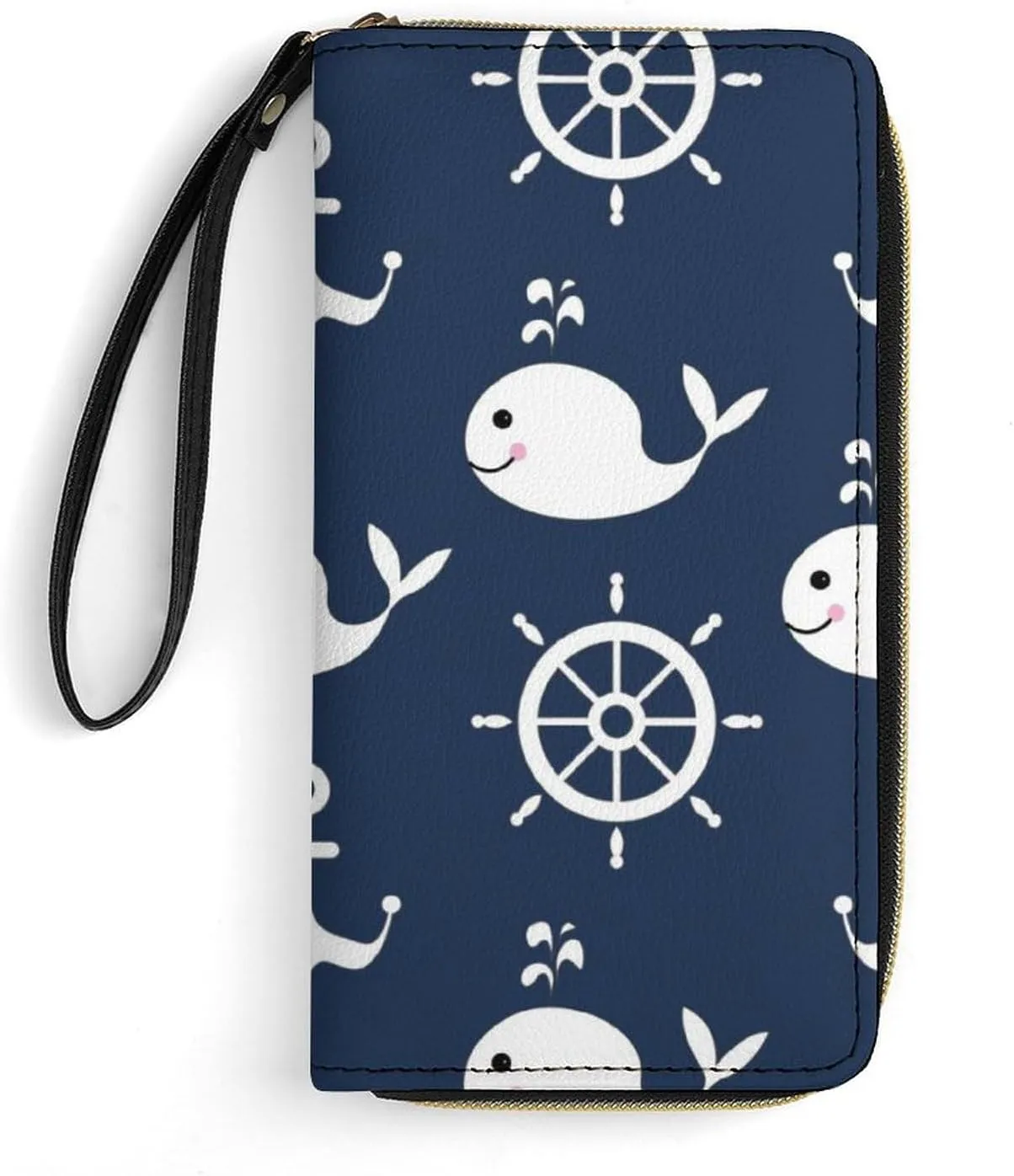 Anchor & Whale Wheels Womens Wallet Zippered Long Clutch Purse Leather Handbag with Wristlet Strap