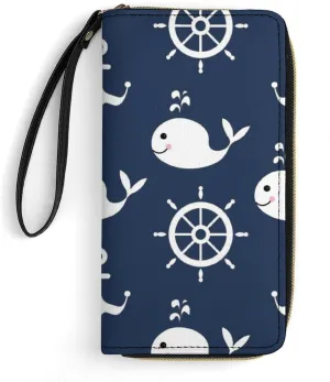 Anchor & Whale Wheels Womens Wallet Zippered Long Clutch Purse Leather Handbag with Wristlet Strap