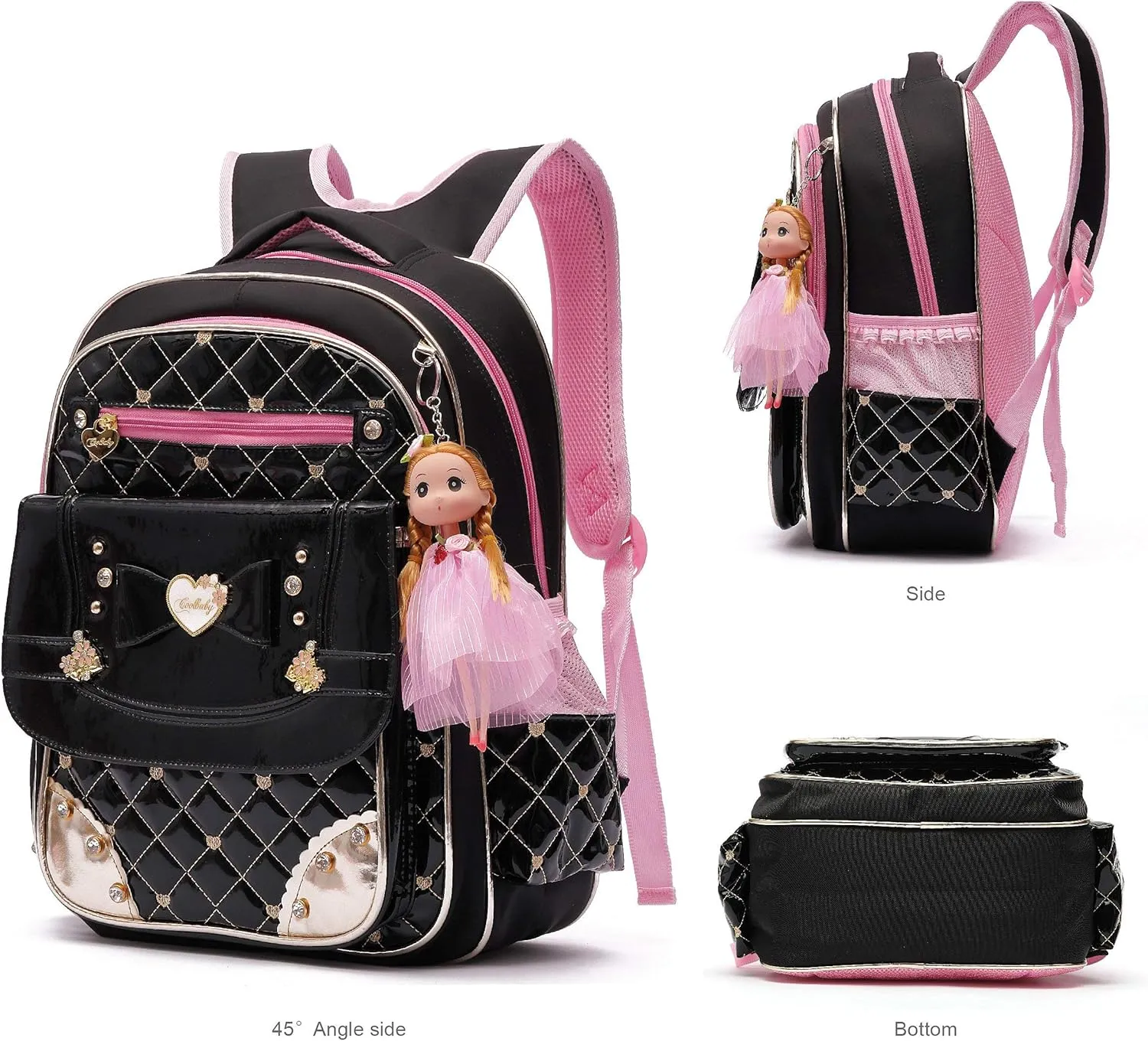 AO ALI VICTORY Backpack for Girls, Waterproof Kids Backpacks School Bag Toddler Bookbags Cute Travel Daypack (Large, A-Black)