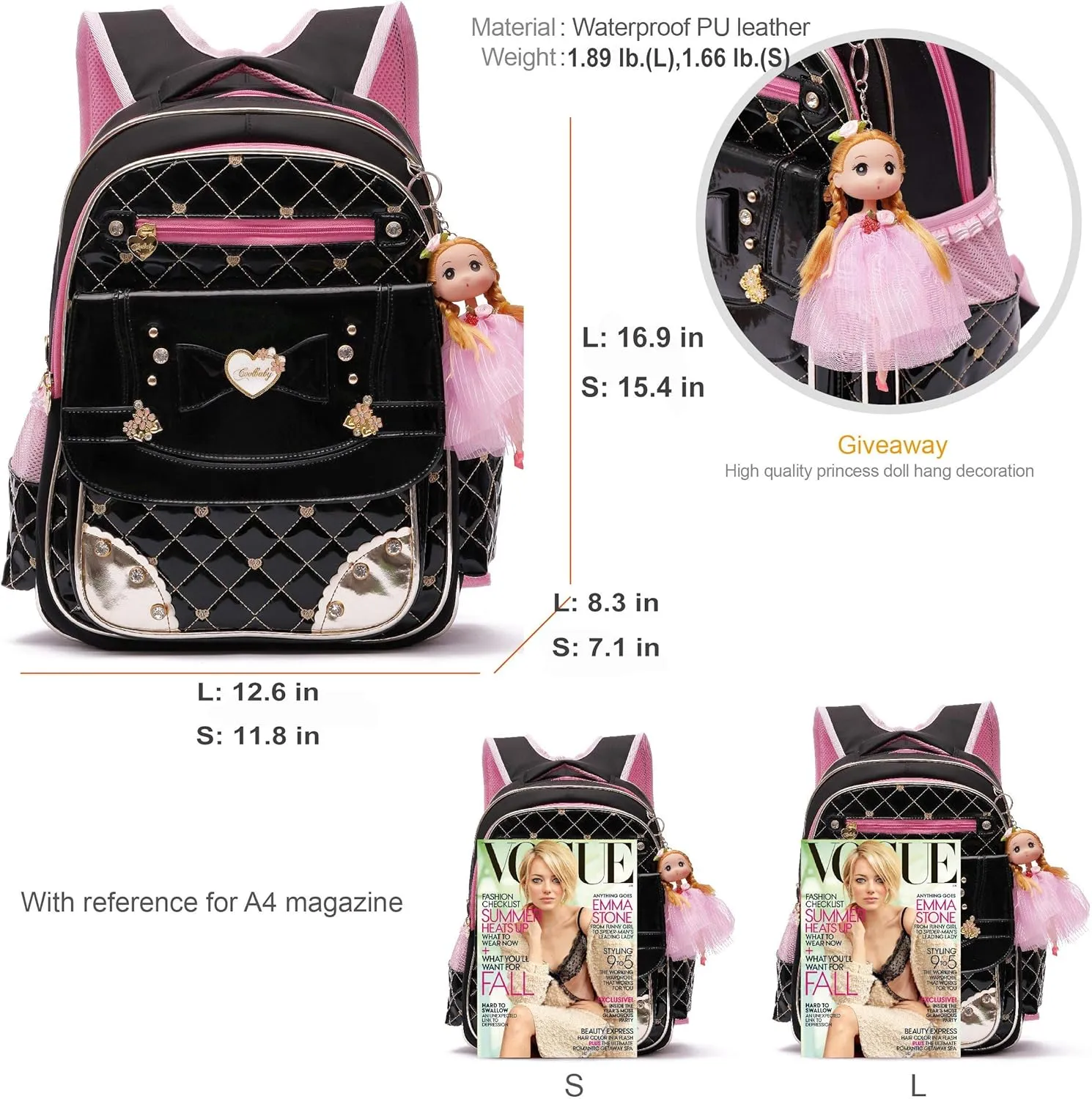 AO ALI VICTORY Backpack for Girls, Waterproof Kids Backpacks School Bag Toddler Bookbags Cute Travel Daypack (Large, A-Black)