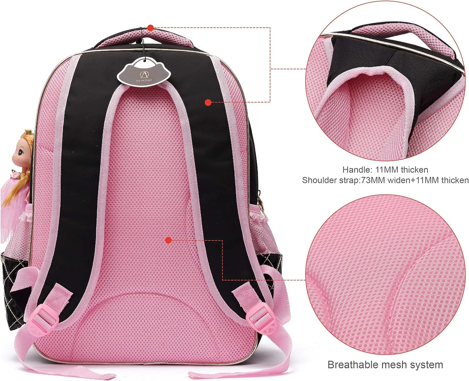 AO ALI VICTORY Backpack for Girls, Waterproof Kids Backpacks School Bag Toddler Bookbags Cute Travel Daypack (Large, A-Black)