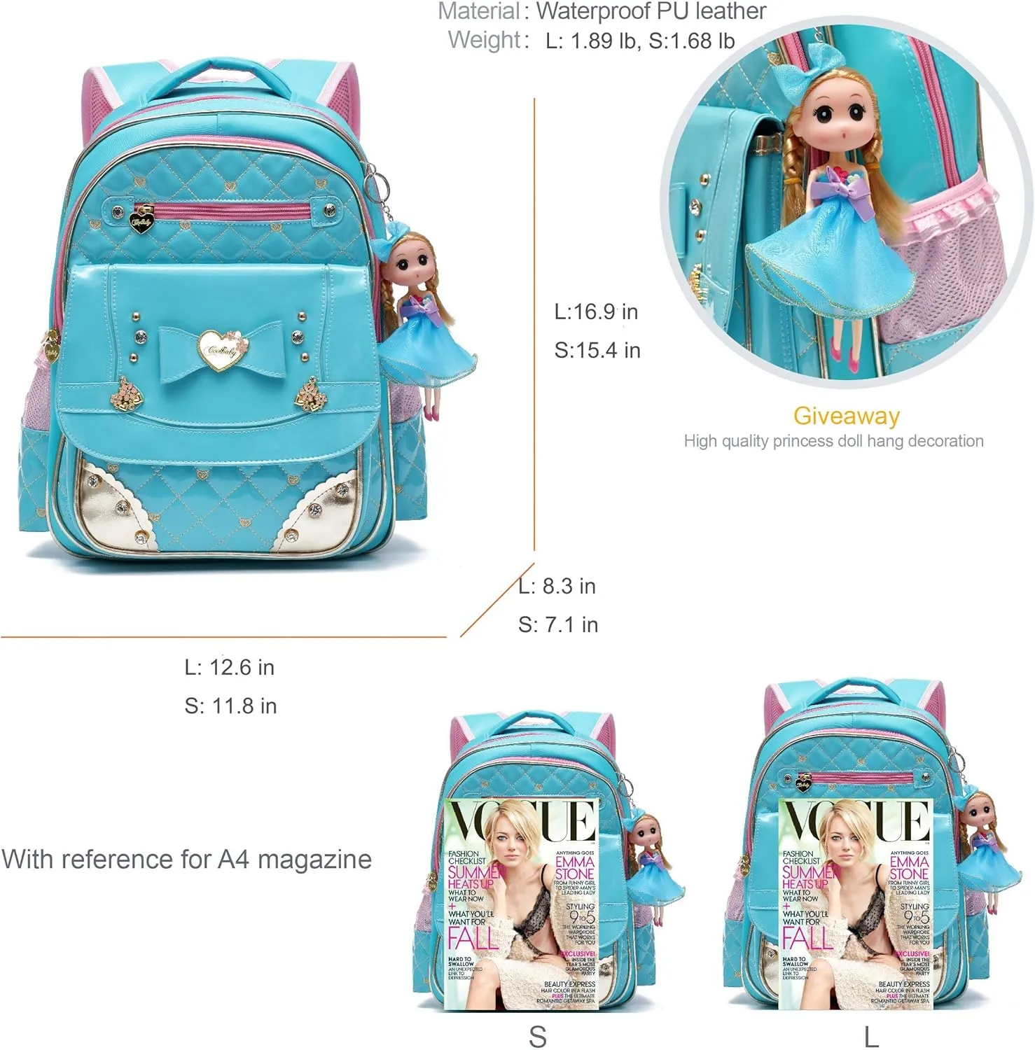 AO ALI VICTORY Backpack for Girls, Waterproof Kids Backpacks School Bag Toddler Bookbags Cute Travel Daypack (Large, A-Blue)