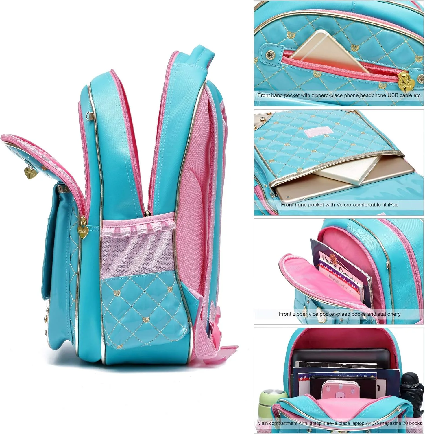 AO ALI VICTORY Backpack for Girls, Waterproof Kids Backpacks School Bag Toddler Bookbags Cute Travel Daypack (Large, A-Blue)
