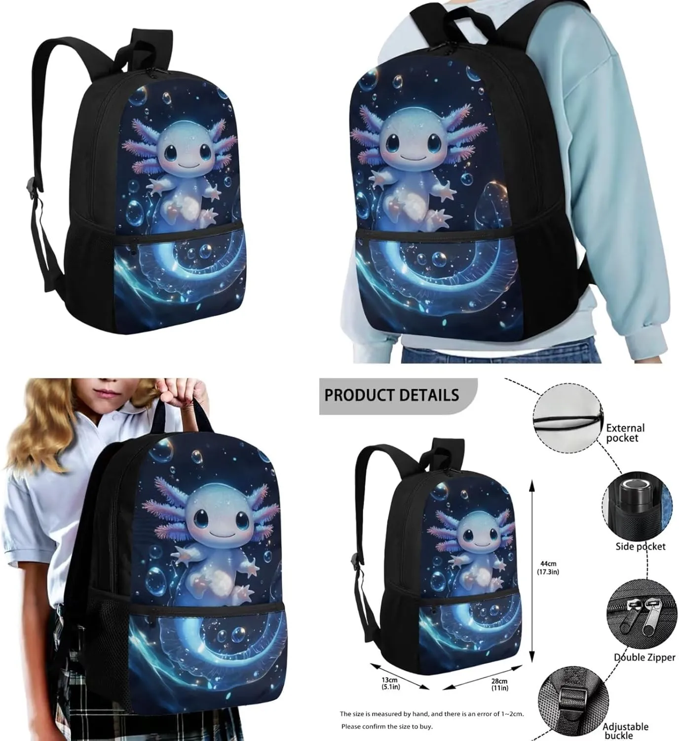 Axolot Backpack for 6th Grade Girls Bookbag with Lunch Box Blue Cartoon Backpacks Set for Kids Backpack Elementary School Backpacks for Girls 10-12 with Lunchbox 4 PCS