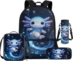 Axolot Backpack for 6th Grade Girls Bookbag with Lunch Box Blue Cartoon Backpacks Set for Kids Backpack Elementary School Backpacks for Girls 10-12 with Lunchbox 4 PCS