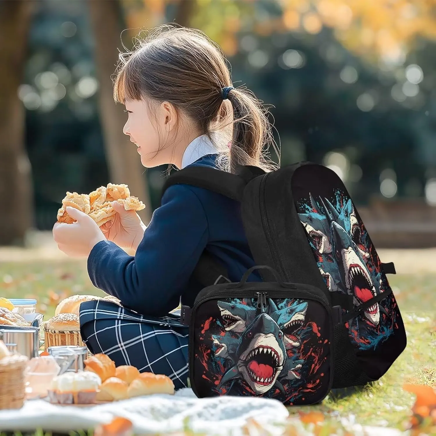 Babrukda Reusable Laptop Backpacks for Boys Insulated Lunch Bag, Cartoon Shark Food Storage Container with Handles Kids' Backpacks for Travel Hiking Picnic, Gifts for Children