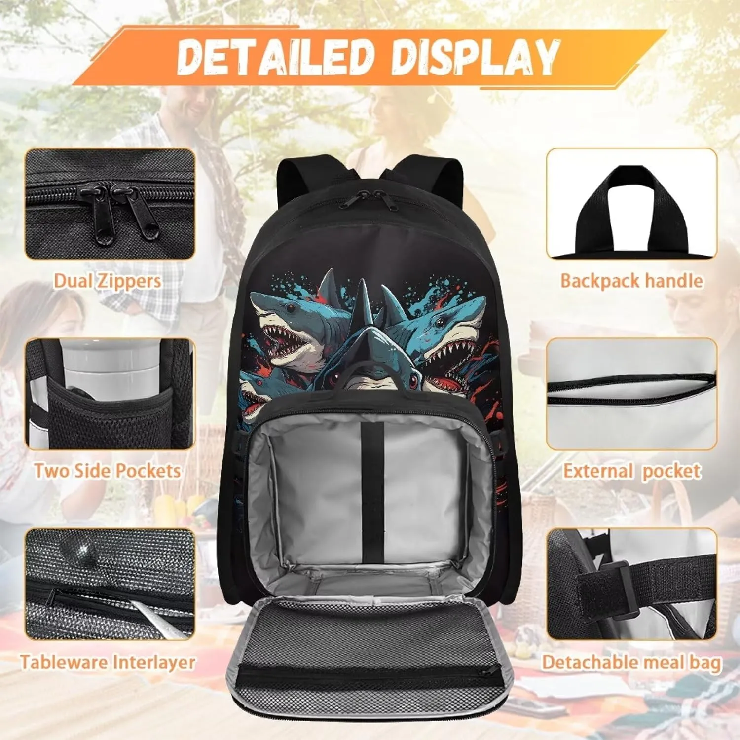Babrukda Reusable Laptop Backpacks for Boys Insulated Lunch Bag, Cartoon Shark Food Storage Container with Handles Kids' Backpacks for Travel Hiking Picnic, Gifts for Children