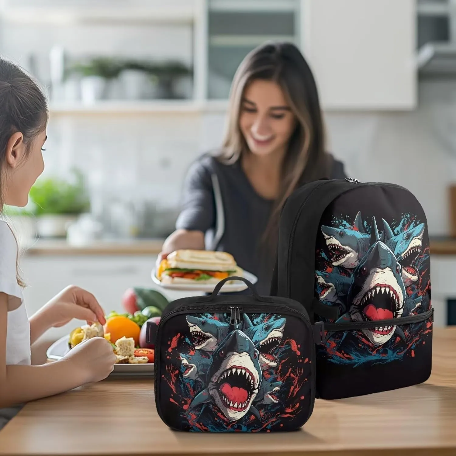 Babrukda Reusable Laptop Backpacks for Boys Insulated Lunch Bag, Cartoon Shark Food Storage Container with Handles Kids' Backpacks for Travel Hiking Picnic, Gifts for Children