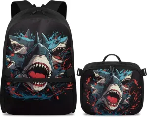 Babrukda Reusable Laptop Backpacks for Boys Insulated Lunch Bag, Cartoon Shark Food Storage Container with Handles Kids' Backpacks for Travel Hiking Picnic, Gifts for Children