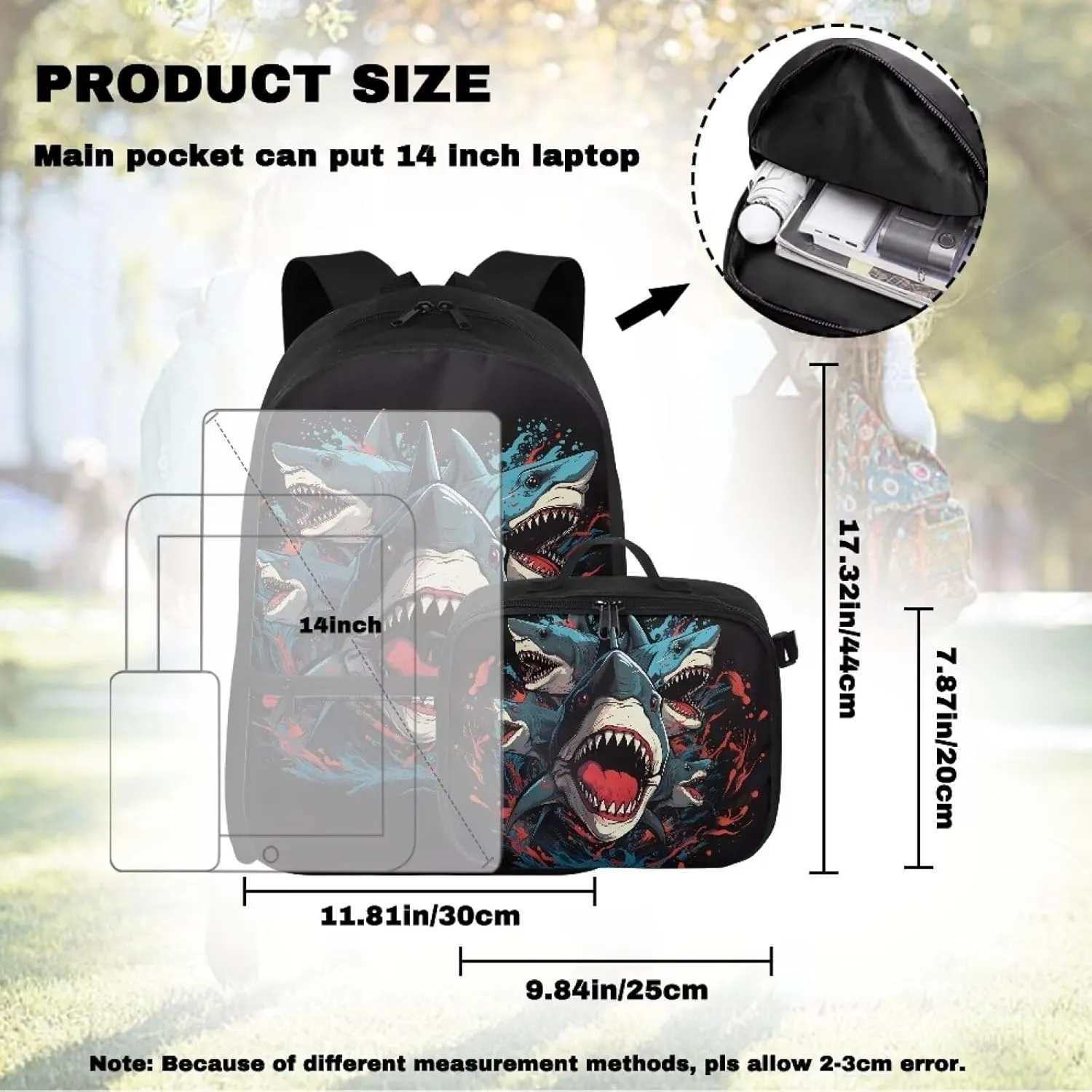 Babrukda Reusable Laptop Backpacks for Boys Insulated Lunch Bag, Cartoon Shark Food Storage Container with Handles Kids' Backpacks for Travel Hiking Picnic, Gifts for Children