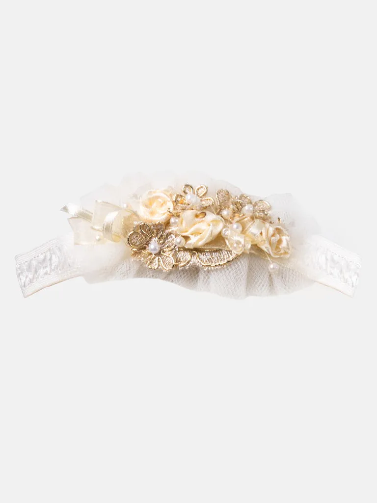 Baby Girl Dress with Gold Embroidery and Bow - Ivory