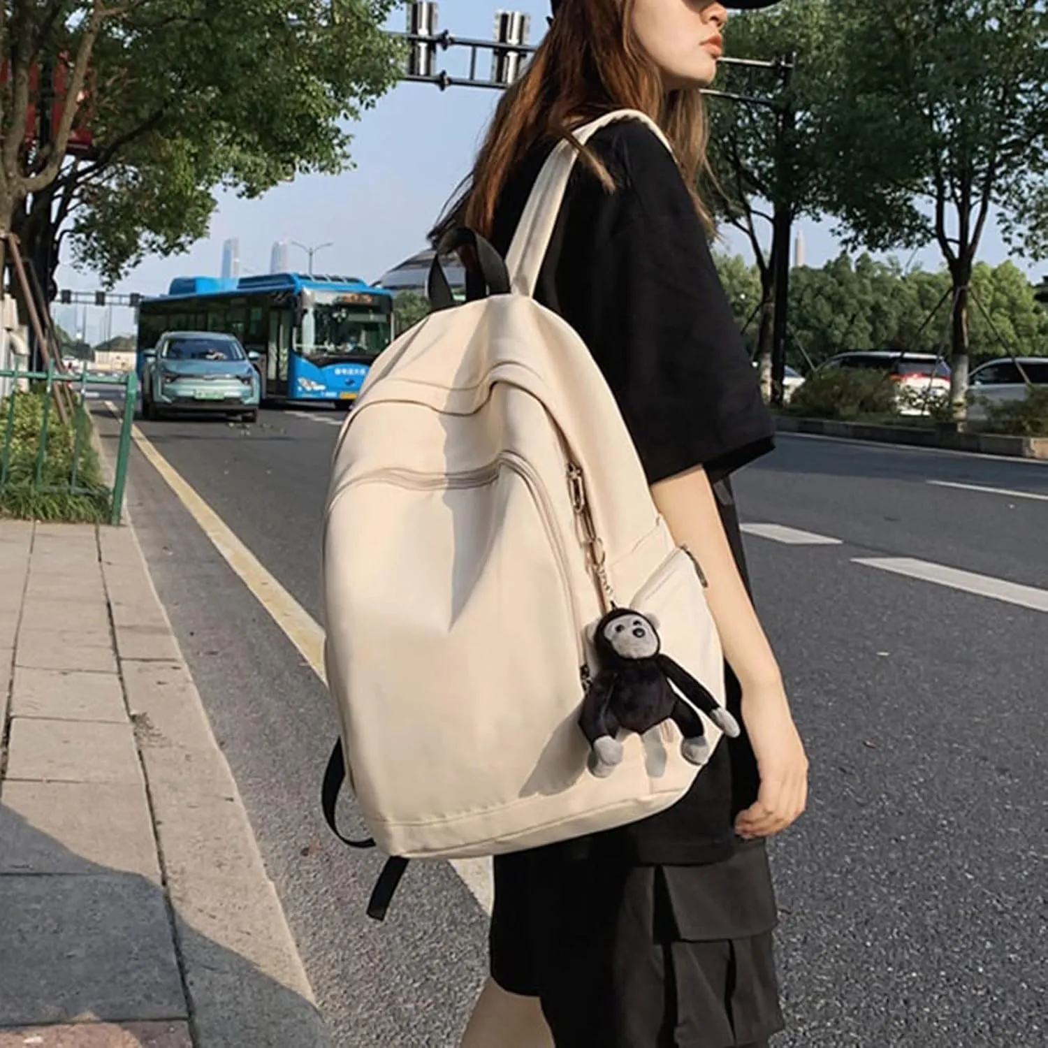 Backpacks Multi Pocket Women's Backpack Laptop Urban Leisure Outdoor Travel Portable Lightweight School Bag Wearable (Color : White, Size : Without pendant)